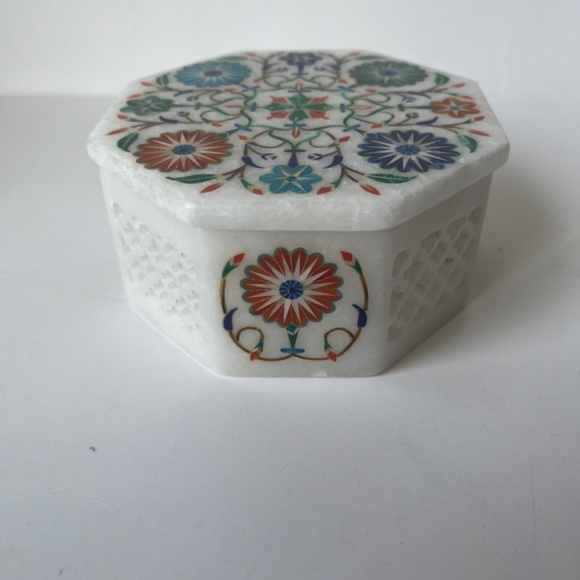 Octagon Marble Inlay Pietra Dura Art Jewelry Handcraft Handmade Box White Floral - Picture 11 of 15